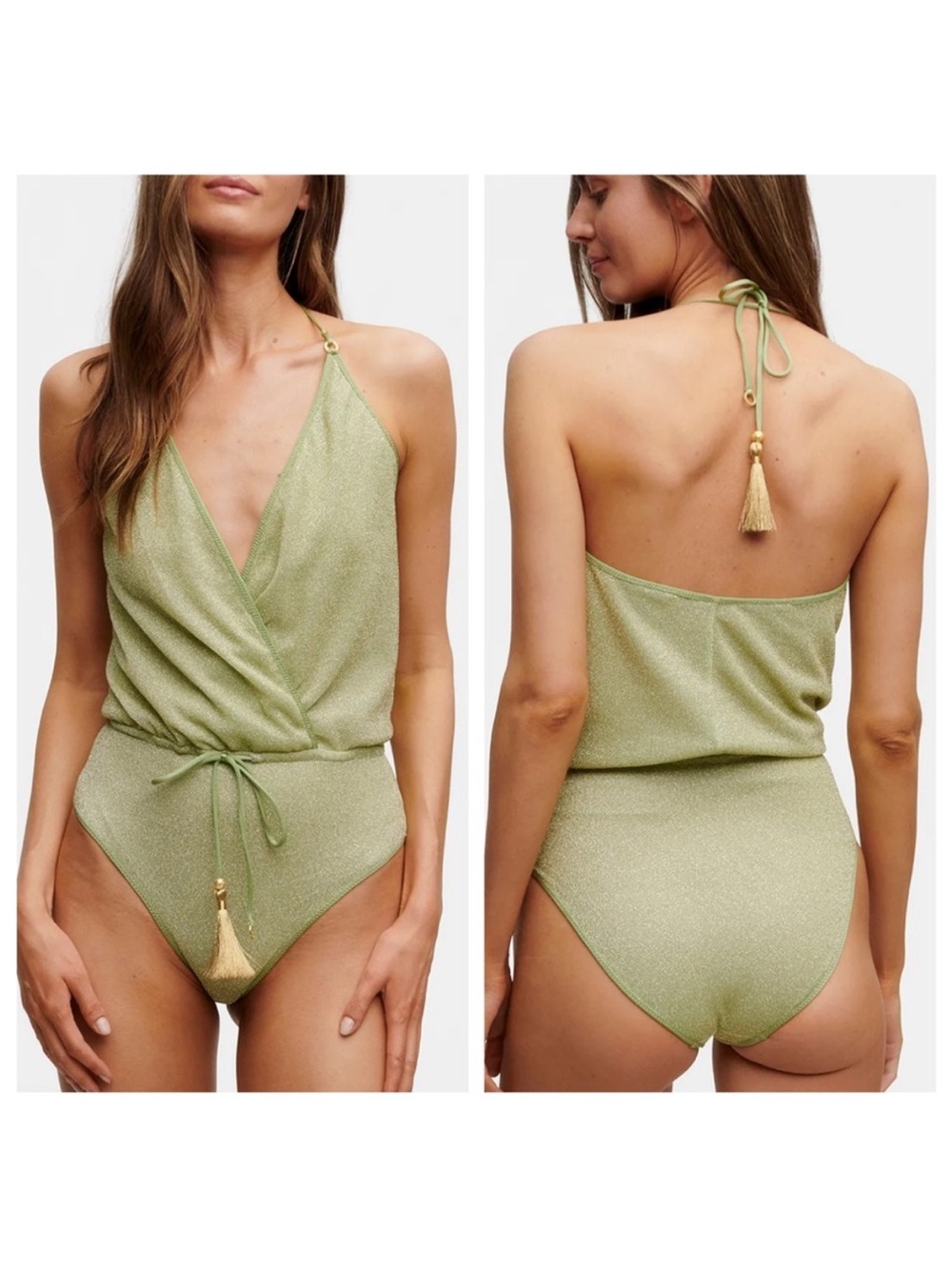 Hanne Bloch Glitter V One Piece Swimsuit in Green SZ L NWT